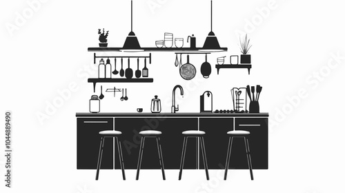Black and white illustration of a modern kitchen interior.