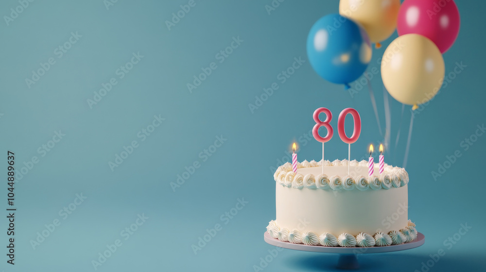 Birthday cake with candles for 80 years, balloons in background Birthday cake with candles for 80 years, balloons in background