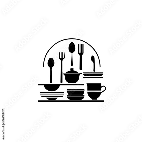 Black and white illustration of a modern kitchen interior.