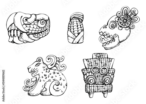 Mesoamerica symbol, lizard head, corn, jaguar Aztec carved sculpture, ancient religious god statue. Hand drawn ink vector illustration. Element set isolated on white. Design travel, vacation, brochure