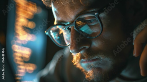 A close-up of a man in glasses, his face illuminated by the screen of a device in a dimly lit room.