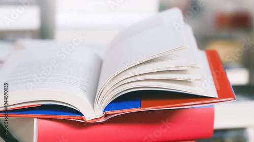 stack of books on the table. open book