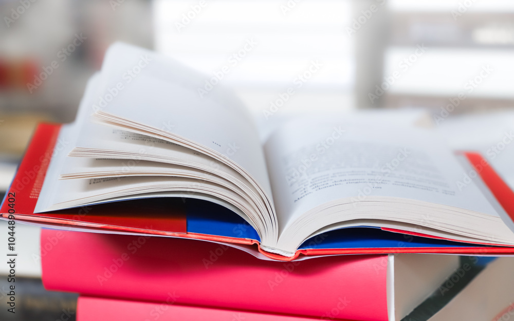 stack of books on the table. open book stack of books on the table. open book