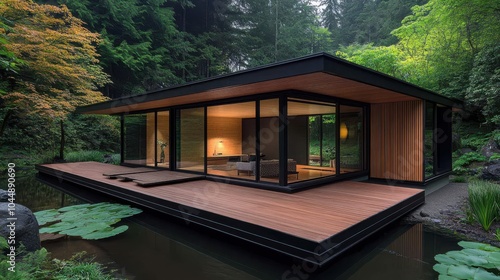 Modern house with wood panels and garden in Japanese style, architectural photography