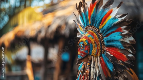 A colorful tribal headdress with feathers and beads, set against a backdrop of a traditional village