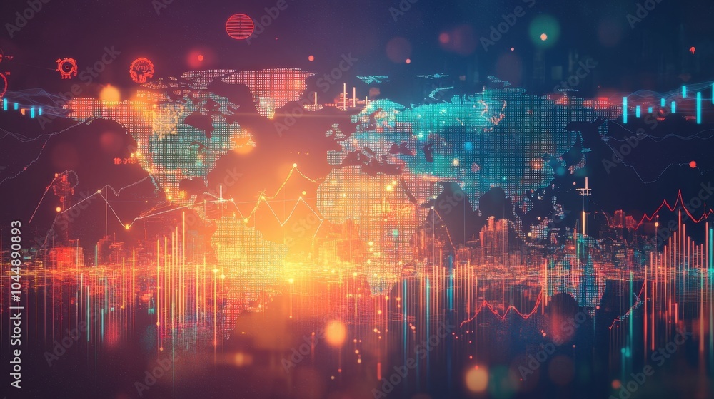 A conceptual visualization of global trade and finance, with stock market data, currency symbols A conceptual visualization of global trade and finance, with stock market data, currency symbols