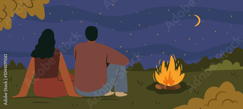 Diverse couple at date stargazing banner concept  illustration