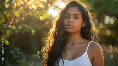 Young woman with long, curly hair standing in the sunlight.