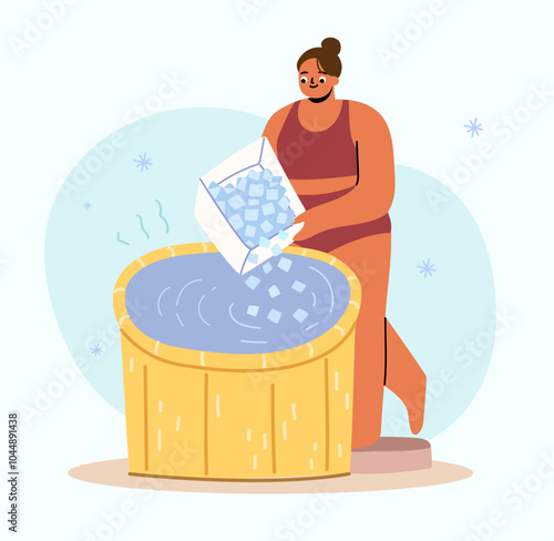 Woman adding ice cubes to the ice pod for cryotherapy concept.