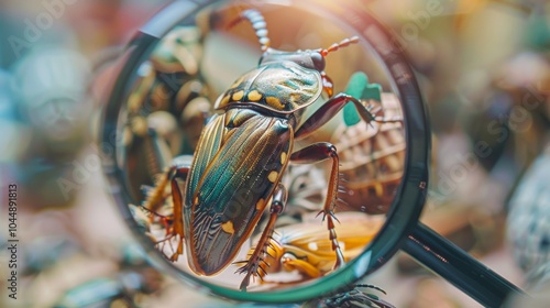 A close-up of a beetle through a magnifying glass. photo