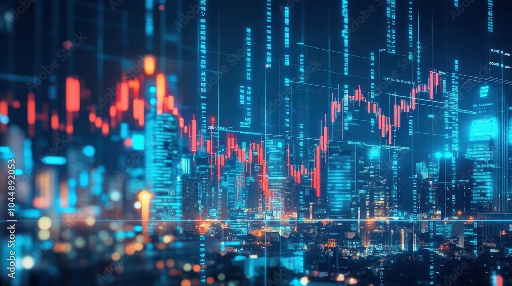 A futuristic image of digital financial symbols and stock market data floating above a modern city skyline A futuristic image of digital financial symbols and stock market data floating above a modern city skyline