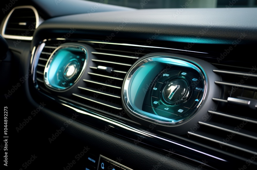 Close-up view of a sleek car's air conditioning vent and control panel illuminated in blue Close-up view of a sleek car's air conditioning vent and control panel illuminated in blue