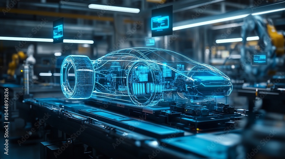 A 3D holographic projection of a car being assembled on an automated manufacturing line in a factory. A 3D holographic projection of a car being assembled on an automated manufacturing line in a factory.