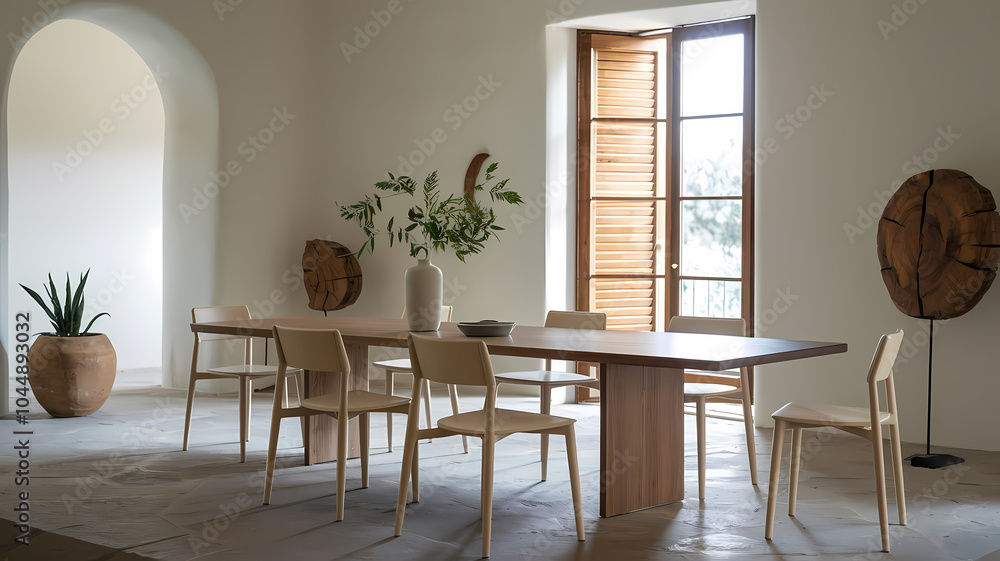 Fototapeta premium Modern dining room featuring a wooden table, minimalist chairs, potted plants, and large windows with natural light.
