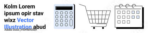 Calculator shopping cart and calendar next to placeholder text. Ideal for finance scheduling e-commerce budgeting and productivity. Banner for landing page