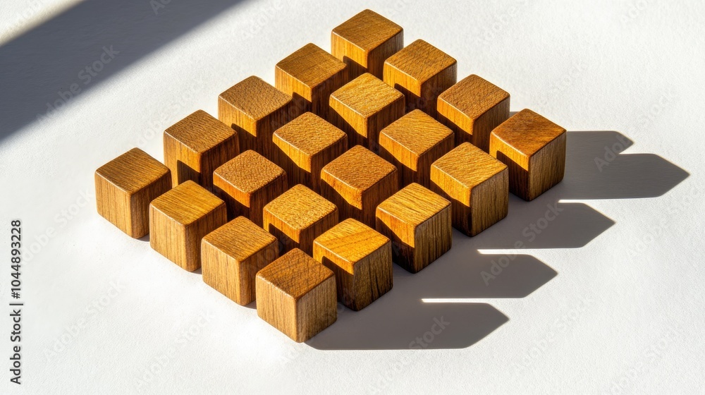 Wooden Blocks Arranged on White Surface with Shadows Wooden Blocks Arranged on White Surface with Shadows