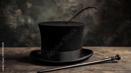 A top hat placed on a stage with a wand beside it, symbolizing mystery, magic