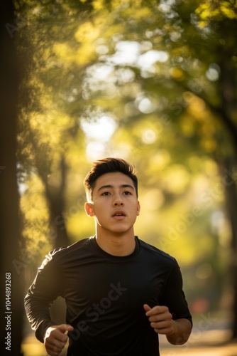 Young man jogging in a sunlit park surrounded by trees, showcasing an active lifestyle and fitness during a beautiful autumn day.