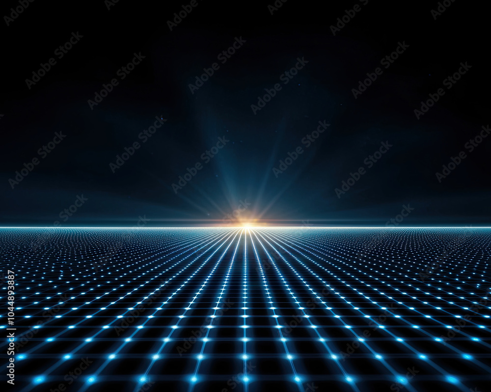Abstract digital landscape with blue grid lines and glowing horizon. Abstract digital landscape with blue grid lines and glowing horizon.