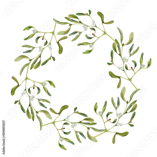 Mistletoe branches with green leaves and white berries. Watercolor hand drawn illustration, wreath frame crown isolated on white. Xmas, happy new year festive, noel navidad. Print paper textile fabric