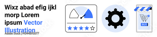 Speedometer with star rating showing performance, gear symbolizing settings, and shopping cart for online store. Ideal for business analytics, e-commerce, online shopping, customer reviews
