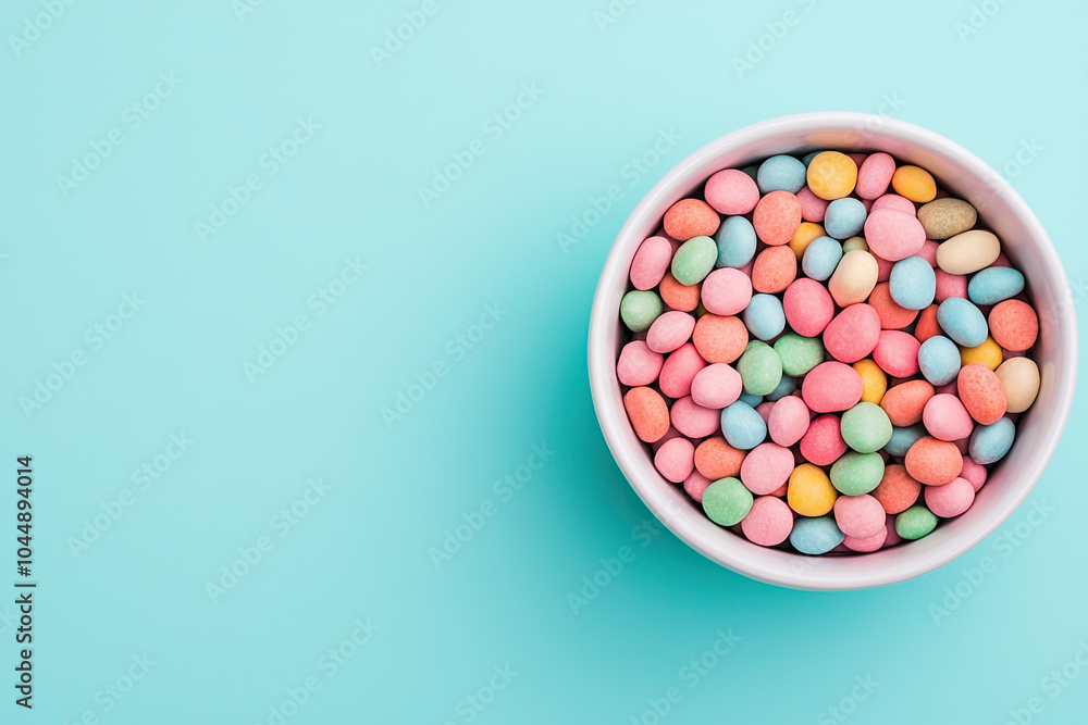 Colorful candy eggs in a white bowl on a turquoise background. Colorful candy eggs in a white bowl on a turquoise background.