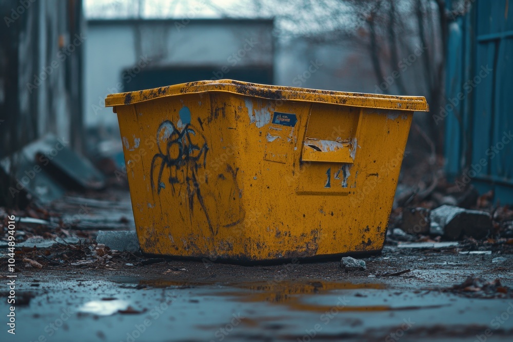 Naklejka premium A single yellow trash can sits on the ground, waiting for disposal