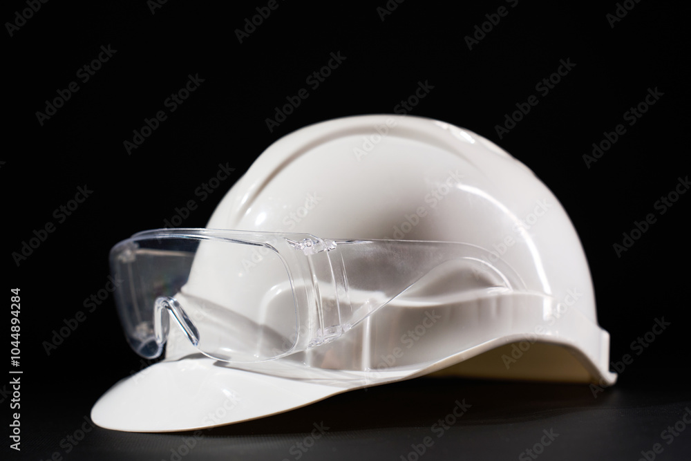 Personal protective workwear. Safety hard hat and protective glasses on a black background with copy space, close-up. Safety first concept Personal protective workwear. Safety hard hat and protective glasses on a black background with copy space, close-up. Safety first concept