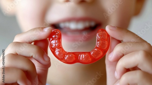 A child smiling while holding a red mouthguard, showcasing dental care and sports safety.