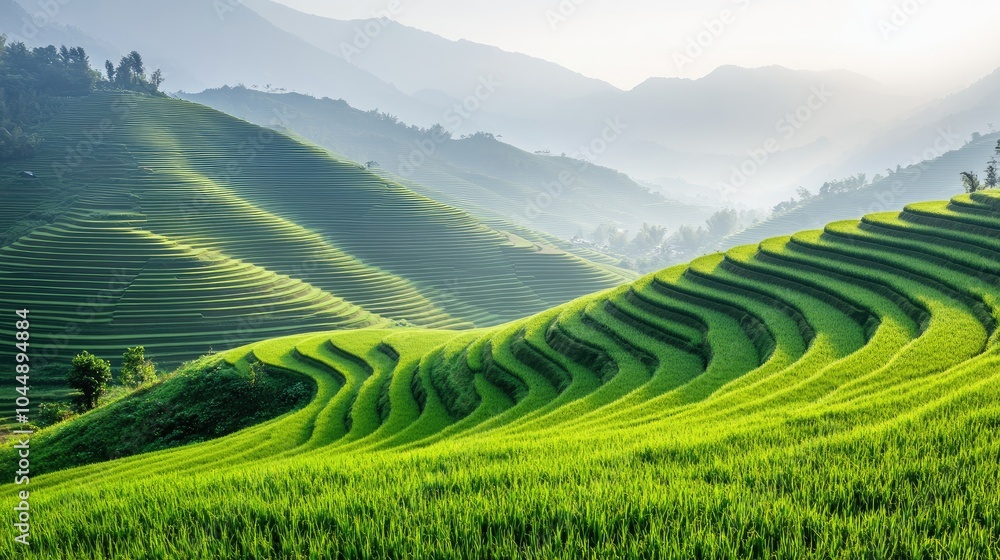 Lush Green Terraced Rice Fields at Sunrise Lush Green Terraced Rice Fields at Sunrise