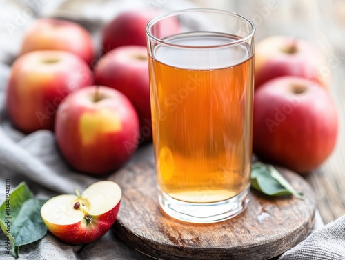 glass of clear apple juice with selective focus and apples in the background