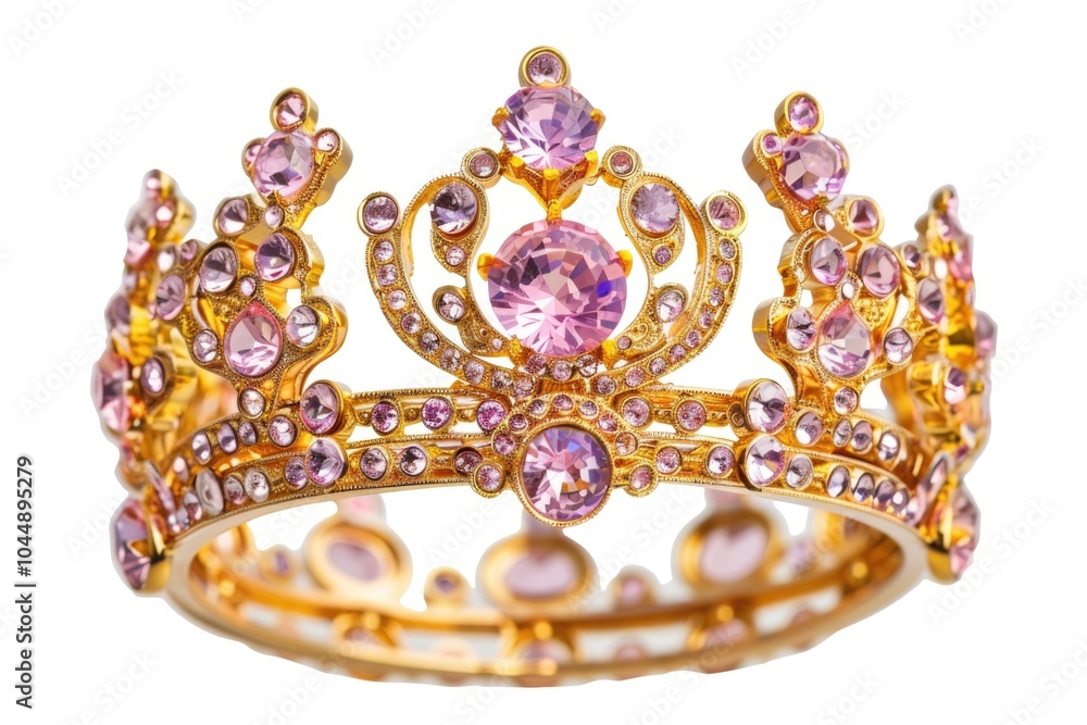 A luxurious gold crown ring featuring pink and white stones, perfect for special occasions or everyday wear A luxurious gold crown ring featuring pink and white stones, perfect for special occasions or everyday wear