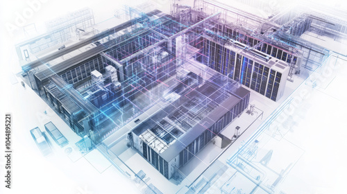 detailed architectural layout of data center, showcasing organized server racks and infrastructure. design emphasizes efficiency and modern technology, creating visually striking representation of