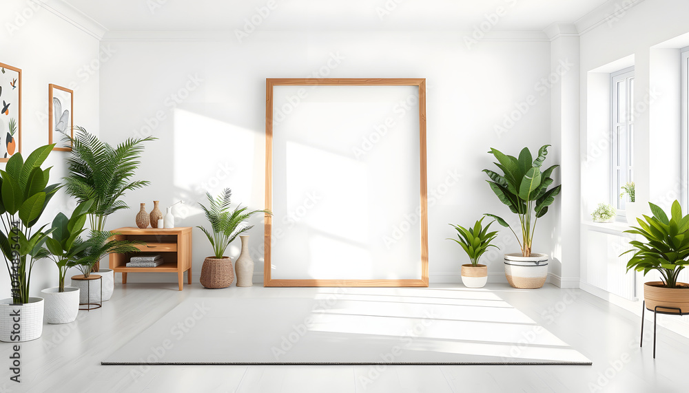Wooden frame leaning in bright white living room with plants and decorations mockup 3D rendering isolated with white highlights, png Wooden frame leaning in bright white living room with plants and decorations mockup 3D rendering isolated with white highlights, png