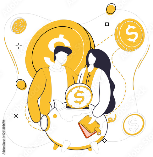 Savings account. A young couple stands beside a large piggy bank with coins and a wallet, symbolizing financial planning and savings. Ideal for budgeting, financial literacy, investment planning