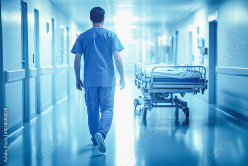 Minimalist hospital corridor scene with male nurse in blue uniform photo