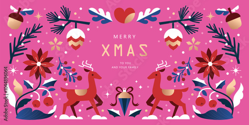 Merry Christmas and Happy New Year background, banner, poster design with trendy geometric style illustration.