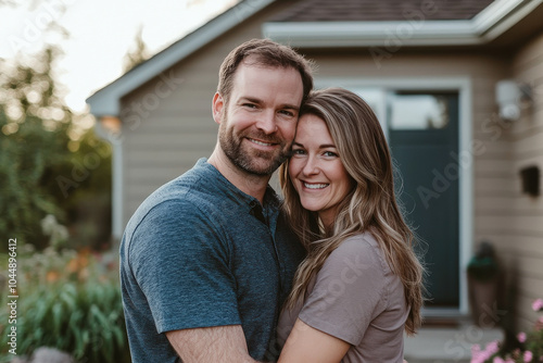 Joyful couple smiling, husband and wife, hugging in front of new home. Real estate buying moving new house concept