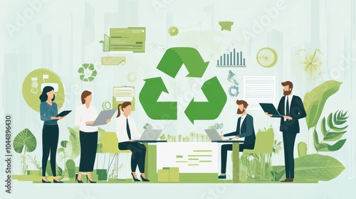 eco-friendly business team, green business professionals working on environmentally friendly strategies in a modern office illustrations