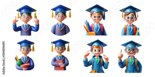 Graduation Characters with Caps and Gowns, PNG collection, set bundle, isolate on transparent or white background