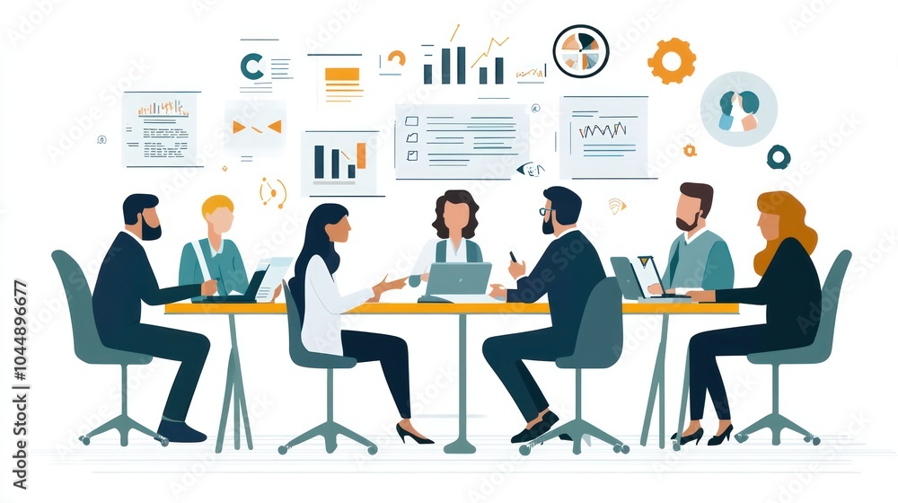 hybrid business team, diverse team members joining meetings both in-person and virtually, working on business tasks illustrations hybrid business team, diverse team members joining meetings both in-person and virtually, working on business tasks illustrations