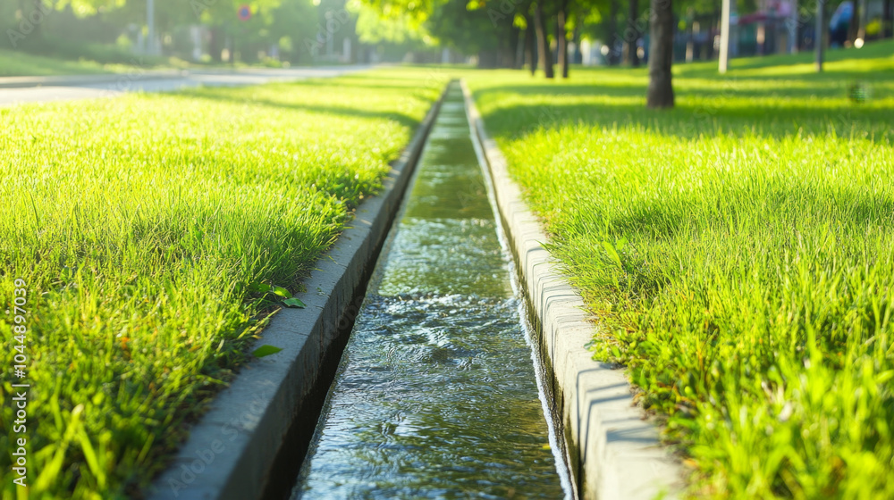 serene view of storm drainage system flowing through lush green park, surrounded by vibrant grass and trees, creating peaceful atmosphere serene view of storm drainage system flowing through lush green park, surrounded by vibrant grass and trees, creating peaceful atmosphere