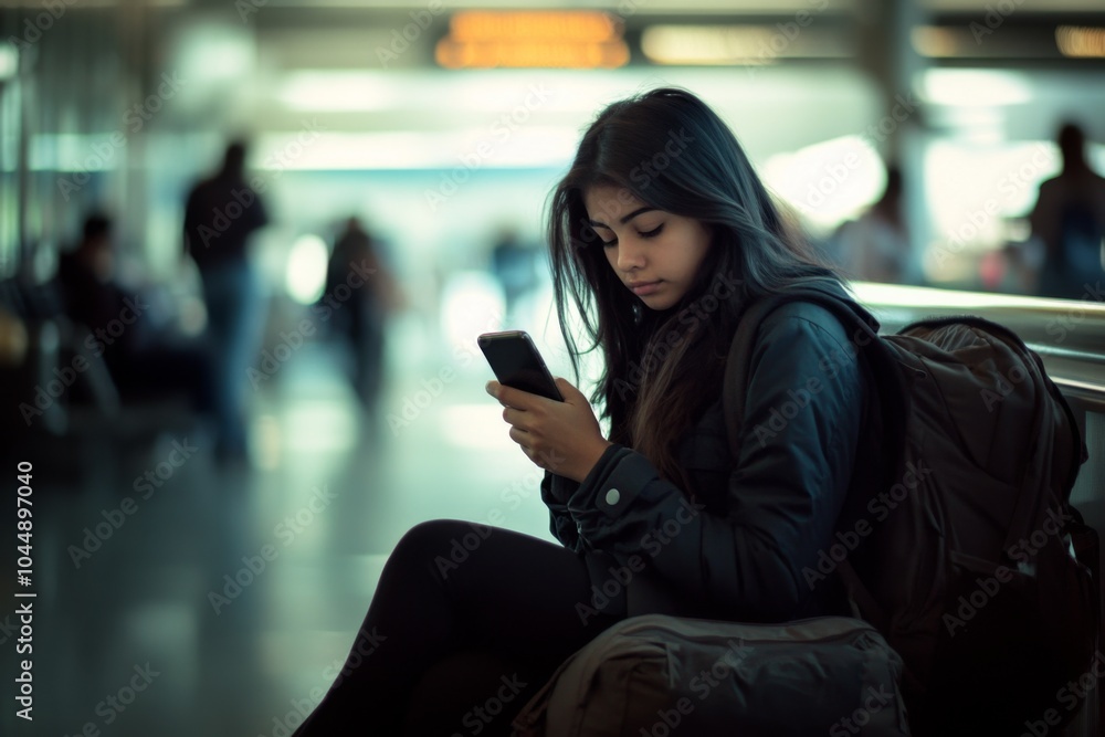 Young woman with long hair sitting at an airport terminal, engrossed in her smartphone, with travelers in the background and a busy atmosphere. Young woman with long hair sitting at an airport terminal, engrossed in her smartphone, with travelers in the background and a busy atmosphere.