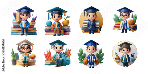Cute Cartoon Graduating Boys in Various Outfits, PNG collection, set bundle, isolate on transparent or white background