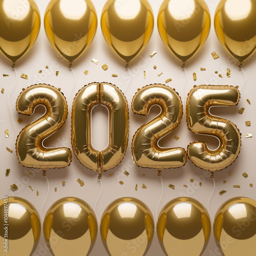 2025 number balloons in gold floating in midair on a white background