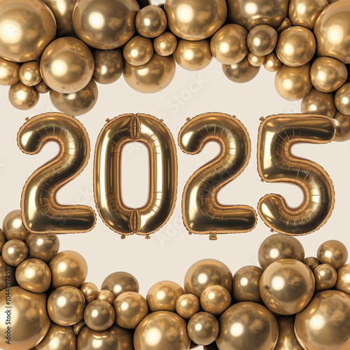 2025 number balloons in gold floating in midair on a white background
