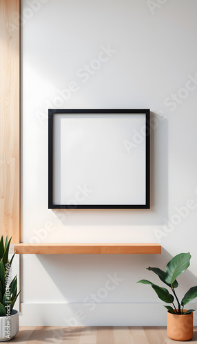 Black squared frame hanging on a white wall mockup 3D rendering isolated with white highlights, png
