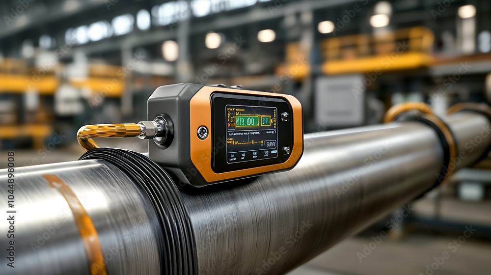 A detailed view of a digital pressure sensor attached to a metal pipe in an industrial setting. The sensor’s display shows real-time pressure readings in PSI A detailed view of a digital pressure sensor attached to a metal pipe in an industrial setting. The sensor’s display shows real-time pressure readings in PSI