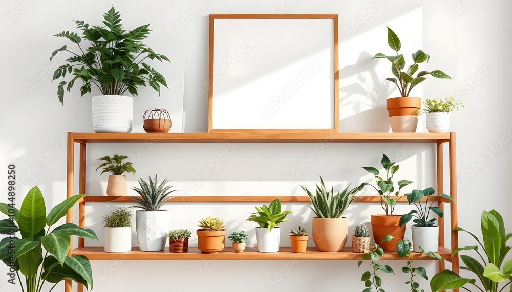 Scandinavian room interior with mock up photo frame on the brown bamboo shelf with beautiful plants in differents hipster and design pots. White walls. Modern and floral concept of shelfs isolated w Scandinavian room interior with mock up photo frame on the brown bamboo shelf with beautiful plants in differents hipster and design pots. White walls. Modern and floral concept of shelfs isolated w