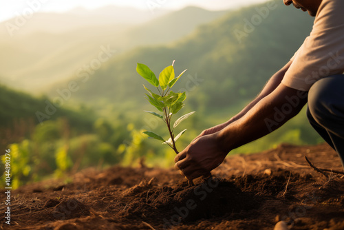 person planting tree in deforested area, showcasing environmental restoration and hope for future. lush green hills in background